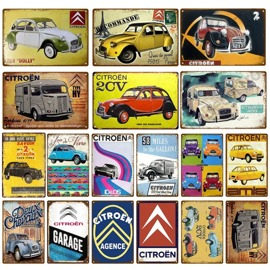 Plaques métal vintage, reproduction publicitaire décorative. 1930, véhicule 2CV Citroën France.