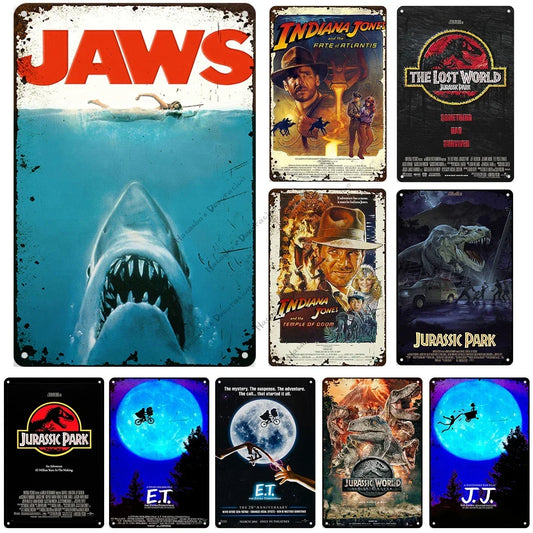 Plaques métal vintage, reproduction publicitaire décorative de cinéma, Jurassic park, ET, etc....