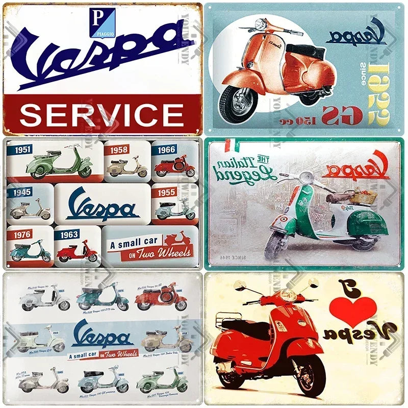 Plaques métal rétro-vintage sur le thème Vespa, déco reproduction d'importation publicitaire....