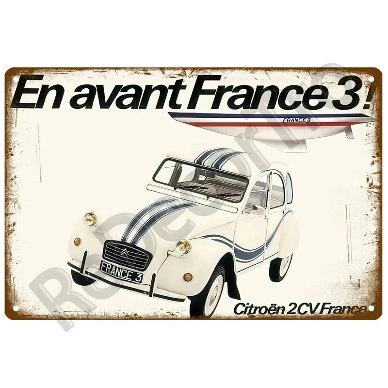 Plaques métal vintage, reproduction publicitaire décorative. 1930, véhicule 2CV Citroën France.
