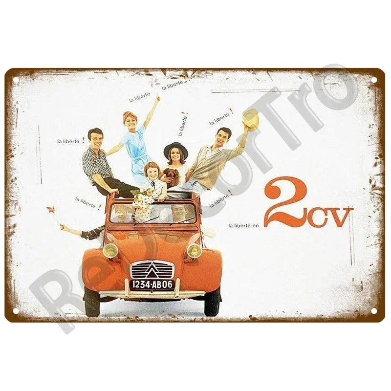 Plaques métal vintage, reproduction publicitaire décorative. 1930, véhicule 2CV Citroën France.