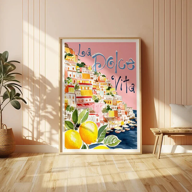Toile déco, peinture au pistolet, représentation d'Italie, livré sans cadre, la dolce vita, spritz etc..