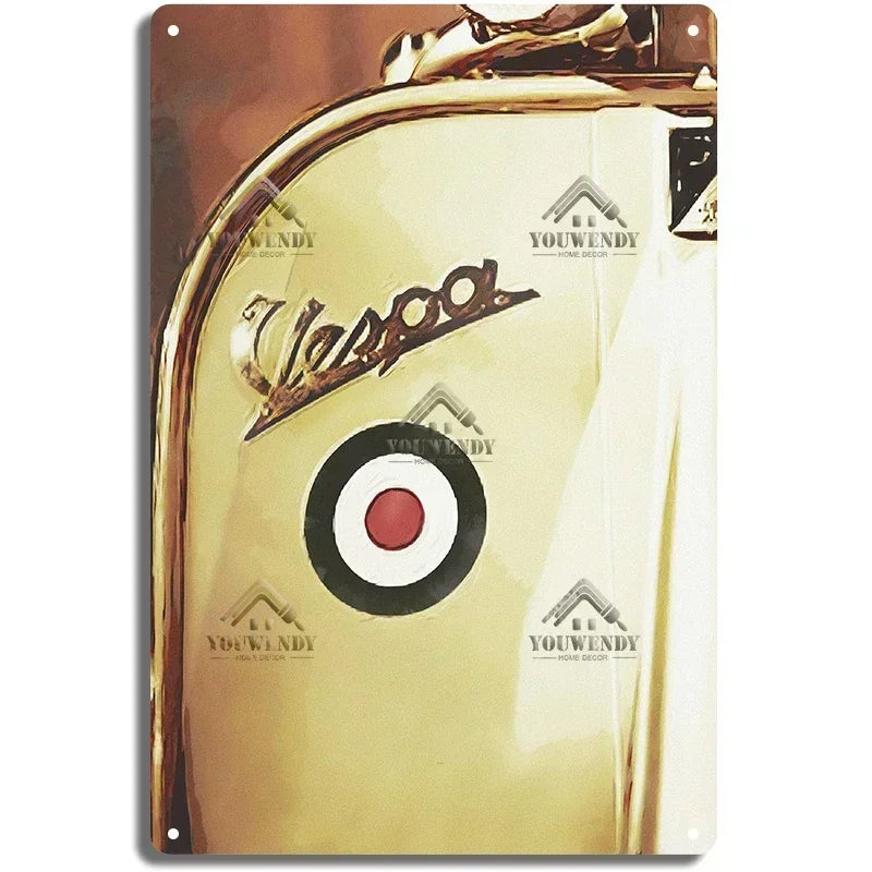Plaques métal rétro-vintage sur le thème Vespa, déco reproduction d'importation publicitaire....