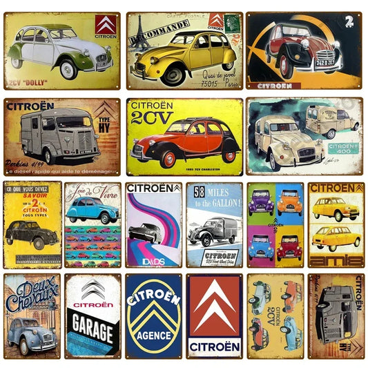 Plaques métal vintage, reproduction publicitaire décorative. 1930, véhicule 2CV Citroën France.