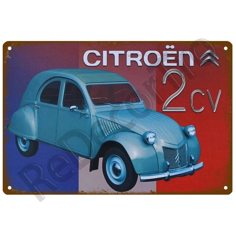 Plaques métal vintage, reproduction publicitaire décorative. 1930, véhicule 2CV Citroën France.