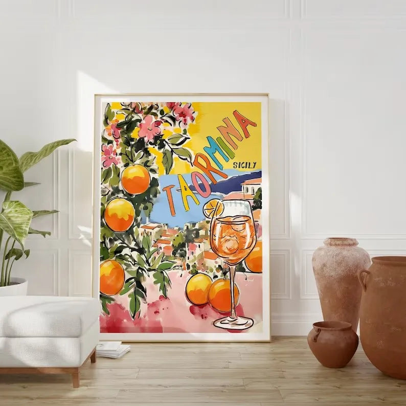 Toile déco, peinture au pistolet, représentation d'Italie, livré sans cadre, la dolce vita, spritz etc..