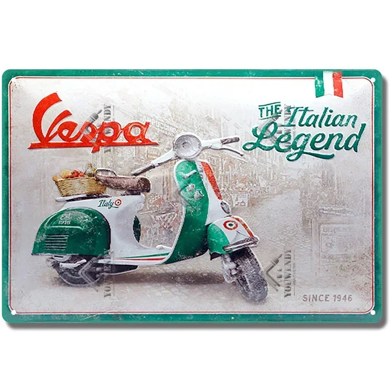 Plaques métal rétro-vintage sur le thème Vespa, déco reproduction d'importation publicitaire....