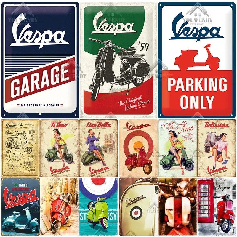Plaques métal rétro-vintage sur le thème Vespa, déco reproduction d'importation publicitaire....