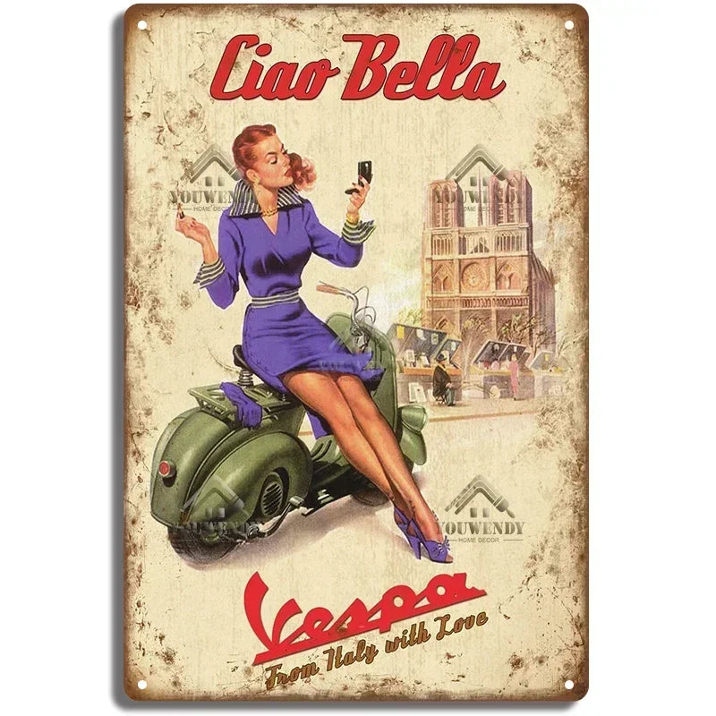 Plaques métal rétro-vintage sur le thème Vespa, déco reproduction d'importation publicitaire....