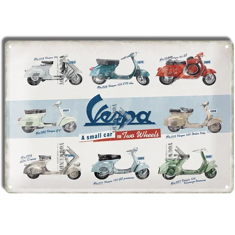 Plaques métal rétro-vintage sur le thème Vespa, déco reproduction d'importation publicitaire....