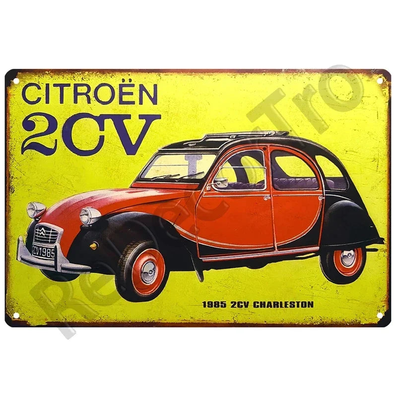 Plaques métal vintage, reproduction publicitaire décorative. 1930, véhicule 2CV Citroën France.