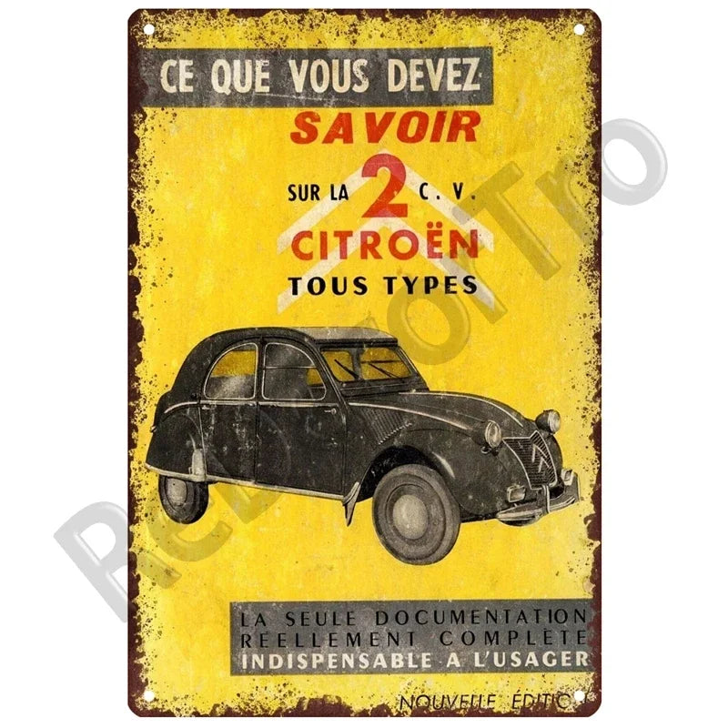 Plaques métal vintage, reproduction publicitaire décorative. 1930, véhicule 2CV Citroën France.