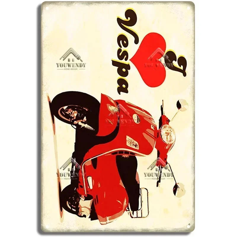 Plaques métal rétro-vintage sur le thème Vespa, déco reproduction d'importation publicitaire....