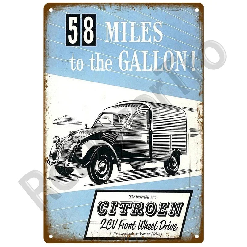 Plaques métal vintage, reproduction publicitaire décorative. 1930, véhicule 2CV Citroën France.