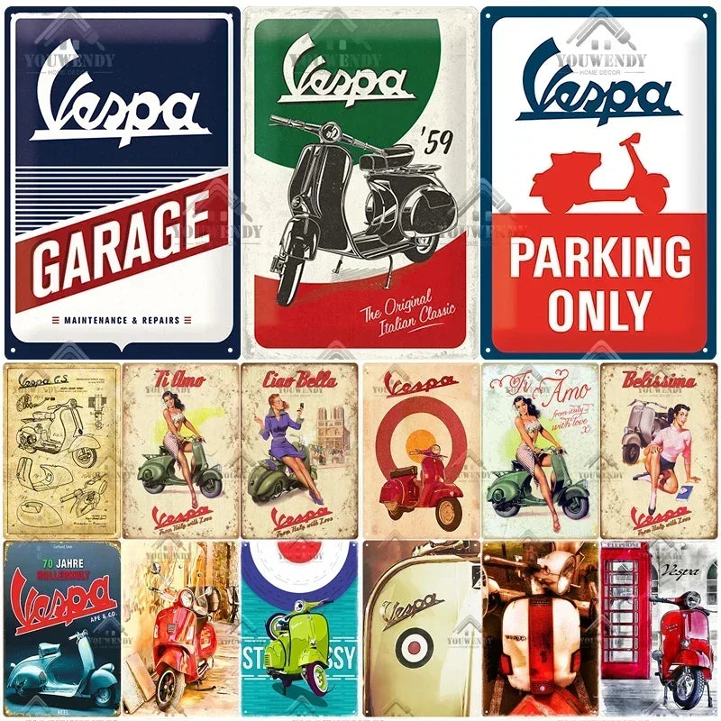 Plaques métal rétro-vintage sur le thème Vespa, déco reproduction d'importation publicitaire....