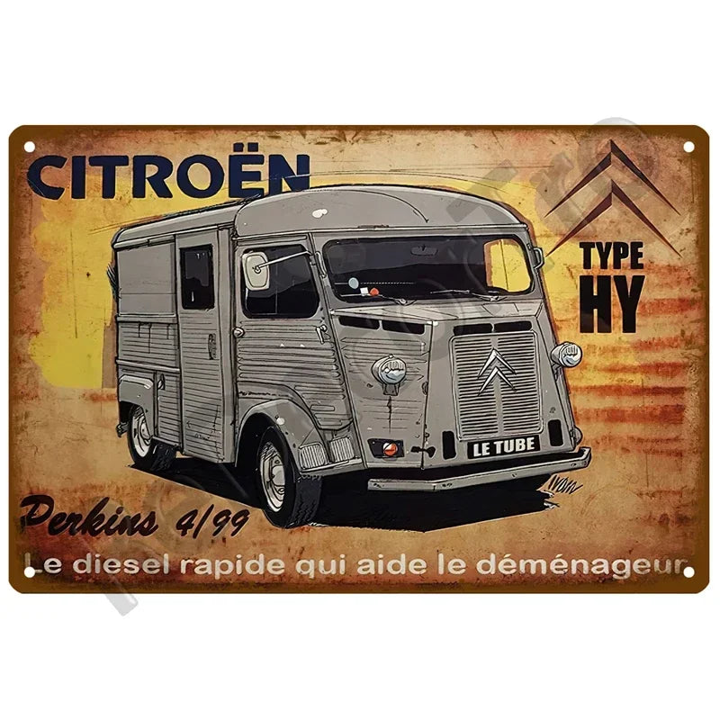 Plaques métal vintage, reproduction publicitaire décorative. 1930, véhicule 2CV Citroën France.