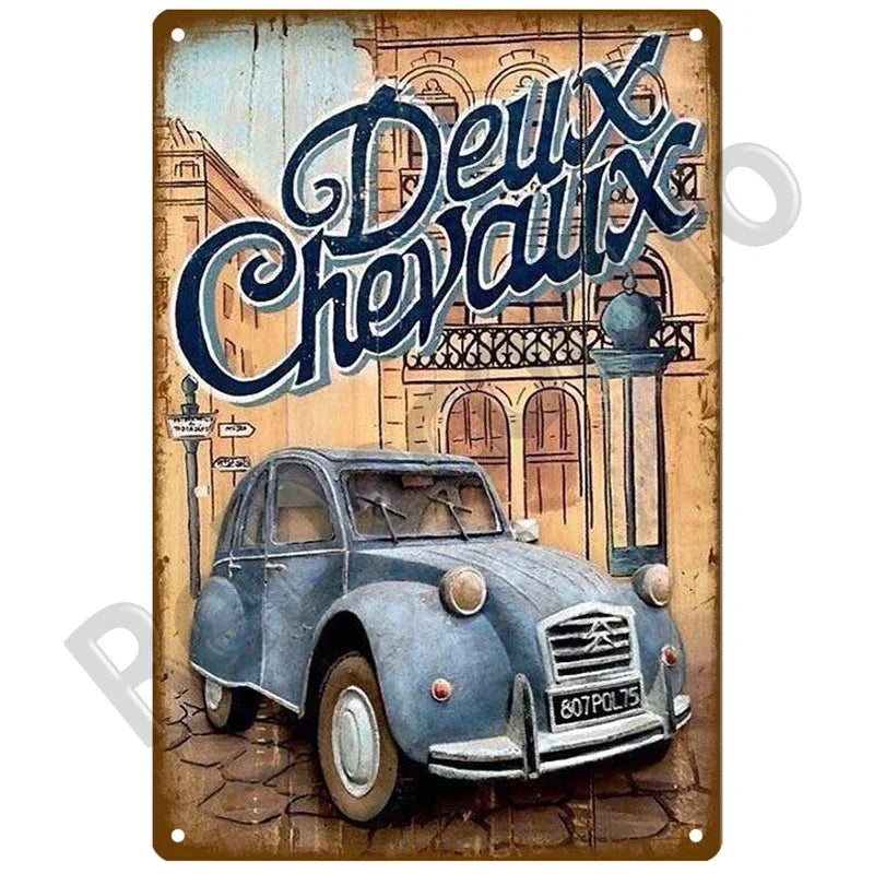 Plaques métal vintage, reproduction publicitaire décorative. 1930, véhicule 2CV Citroën France.