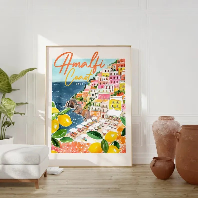 Toile déco, peinture au pistolet, représentation d'Italie, livré sans cadre, la dolce vita, spritz etc..