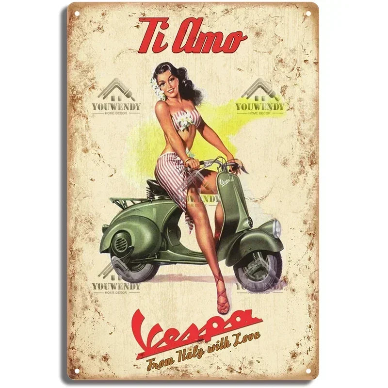 Plaques métal rétro-vintage sur le thème Vespa, déco reproduction d'importation publicitaire....