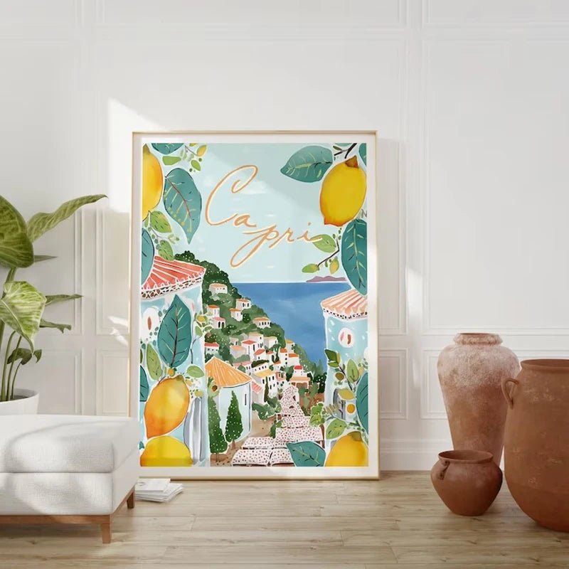 Toile déco, peinture au pistolet, représentation d'Italie, livré sans cadre, la dolce vita, spritz etc..