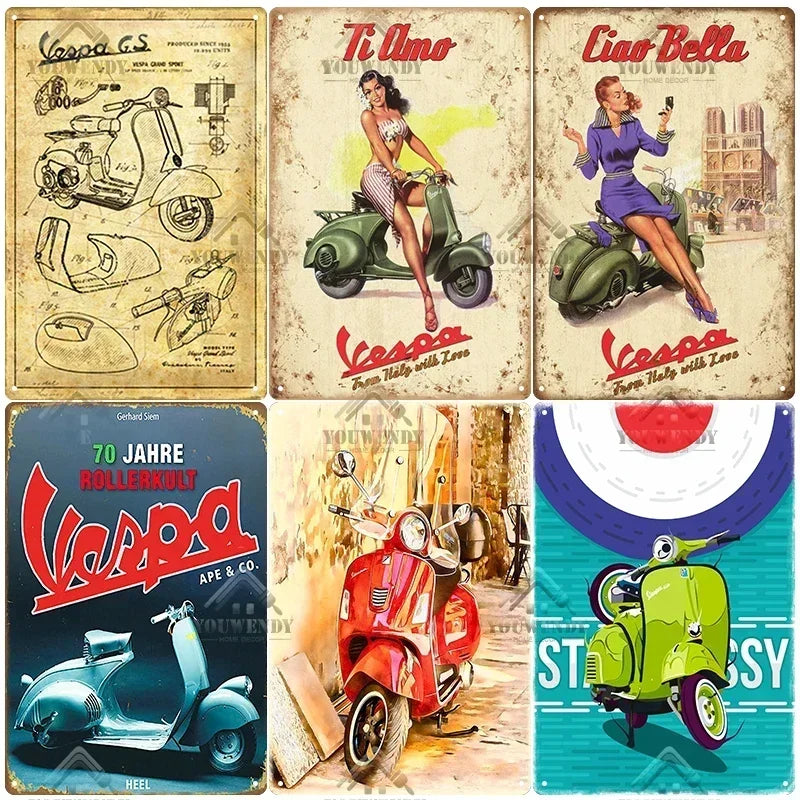 Plaques métal rétro-vintage sur le thème Vespa, déco reproduction d'importation publicitaire....