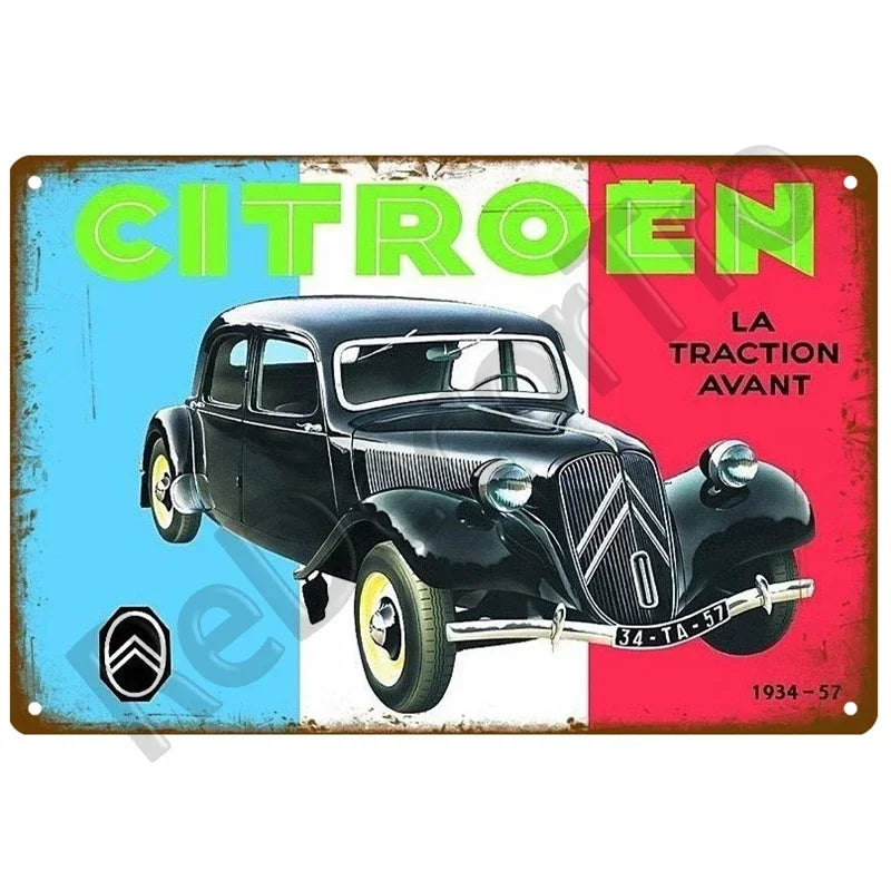 Plaques métal vintage, reproduction publicitaire décorative. 1930, véhicule 2CV Citroën France.