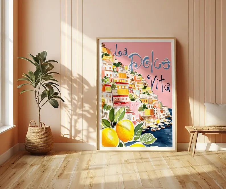 Toile déco, peinture au pistolet, représentation d'Italie, livré sans cadre, la dolce vita, spritz etc..