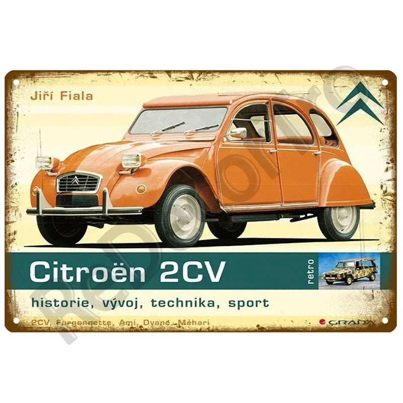 Plaques métal vintage, reproduction publicitaire décorative. 1930, véhicule 2CV Citroën France.