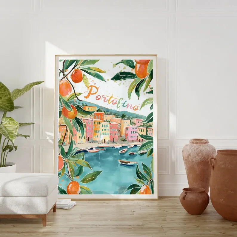 Toile déco, peinture au pistolet, représentation d'Italie, livré sans cadre, la dolce vita, spritz etc..