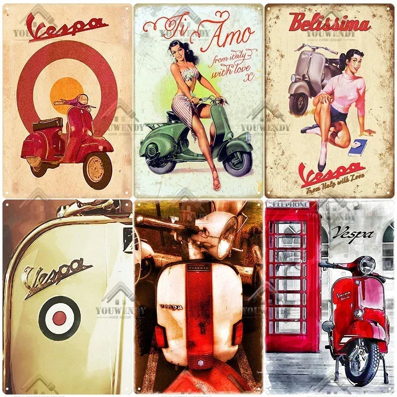 Plaques métal rétro-vintage sur le thème Vespa, déco reproduction d'importation publicitaire....