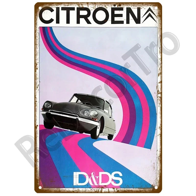 Plaques métal vintage, reproduction publicitaire décorative. 1930, véhicule 2CV Citroën France.