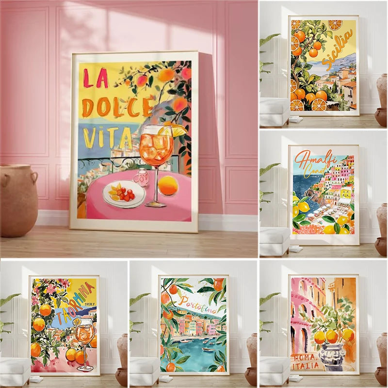 Toile déco, peinture au pistolet, représentation d'Italie, livré sans cadre, la dolce vita, spritz etc..