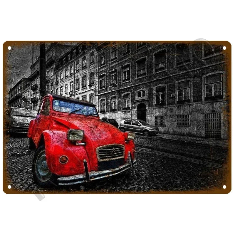 Plaques métal vintage, reproduction publicitaire décorative. 1930, véhicule 2CV Citroën France.