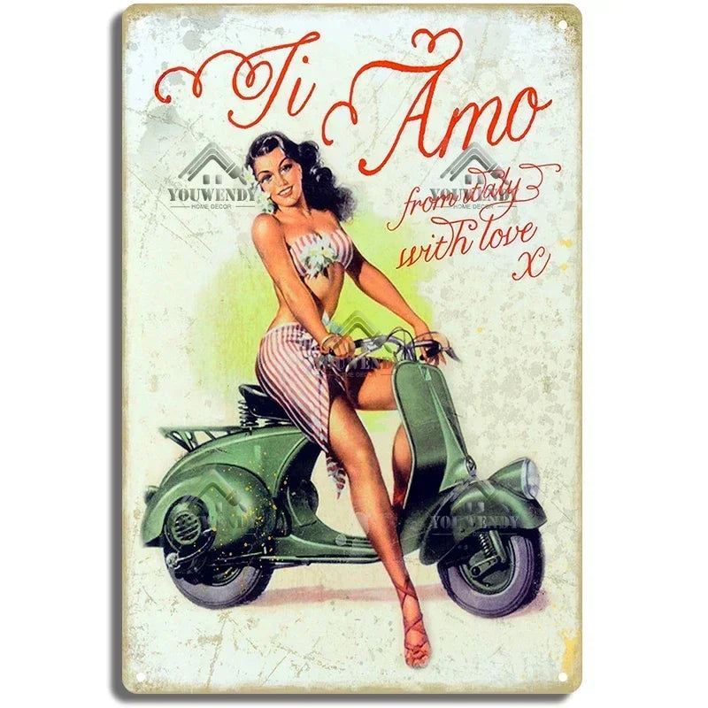 Plaques métal rétro-vintage sur le thème Vespa, déco reproduction d'importation publicitaire....