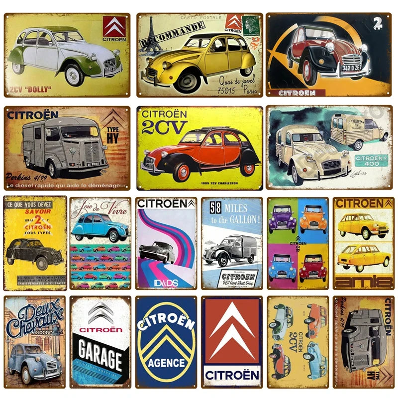 Plaques métal vintage, reproduction publicitaire décorative. 1930, véhicule 2CV Citroën France.