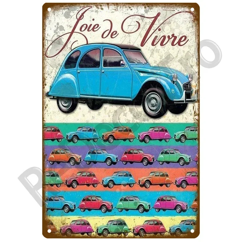 Plaques métal vintage, reproduction publicitaire décorative. 1930, véhicule 2CV Citroën France.