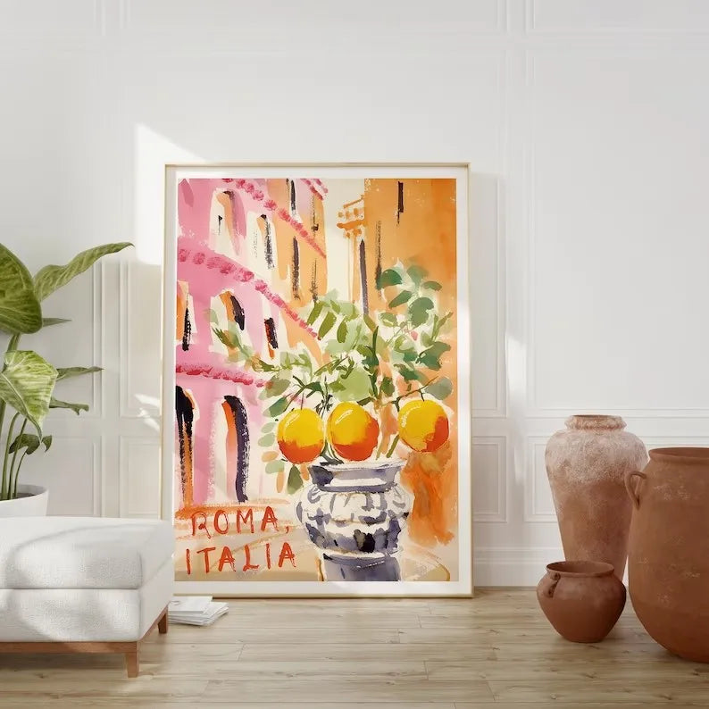 Toile déco, peinture au pistolet, représentation d'Italie, livré sans cadre, la dolce vita, spritz etc..