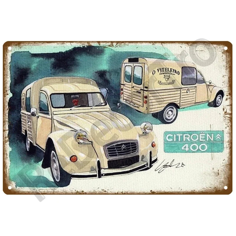 Plaques métal vintage, reproduction publicitaire décorative. 1930, véhicule 2CV Citroën France.