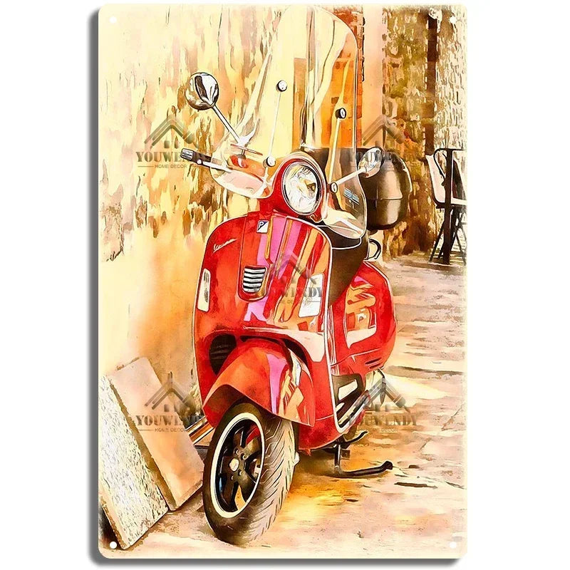 Plaques métal rétro-vintage sur le thème Vespa, déco reproduction d'importation publicitaire....