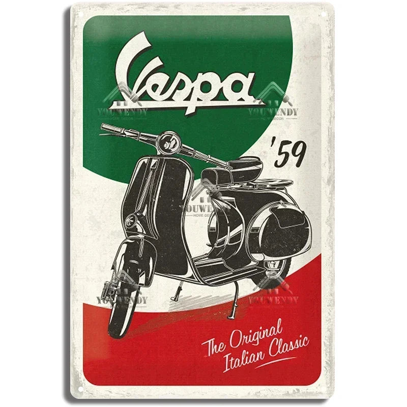 Plaques métal rétro-vintage sur le thème Vespa, déco reproduction d'importation publicitaire....