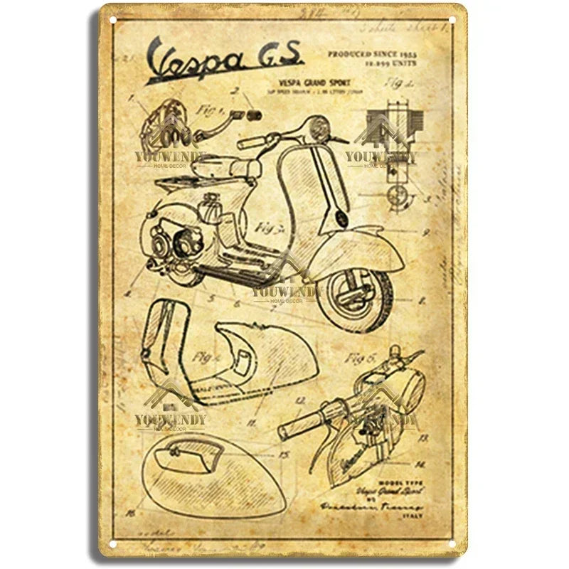 Plaques métal rétro-vintage sur le thème Vespa, déco reproduction d'importation publicitaire....