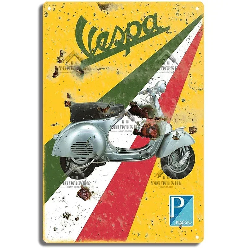 Plaques métal rétro-vintage sur le thème Vespa, déco reproduction d'importation publicitaire....