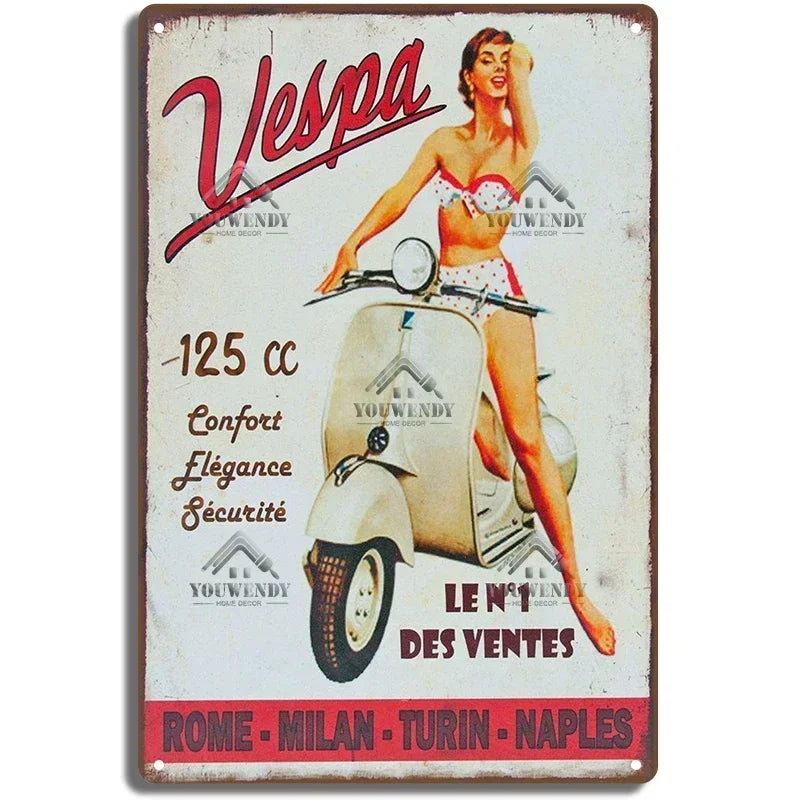 Plaques métal rétro-vintage sur le thème Vespa, déco reproduction d'importation publicitaire....