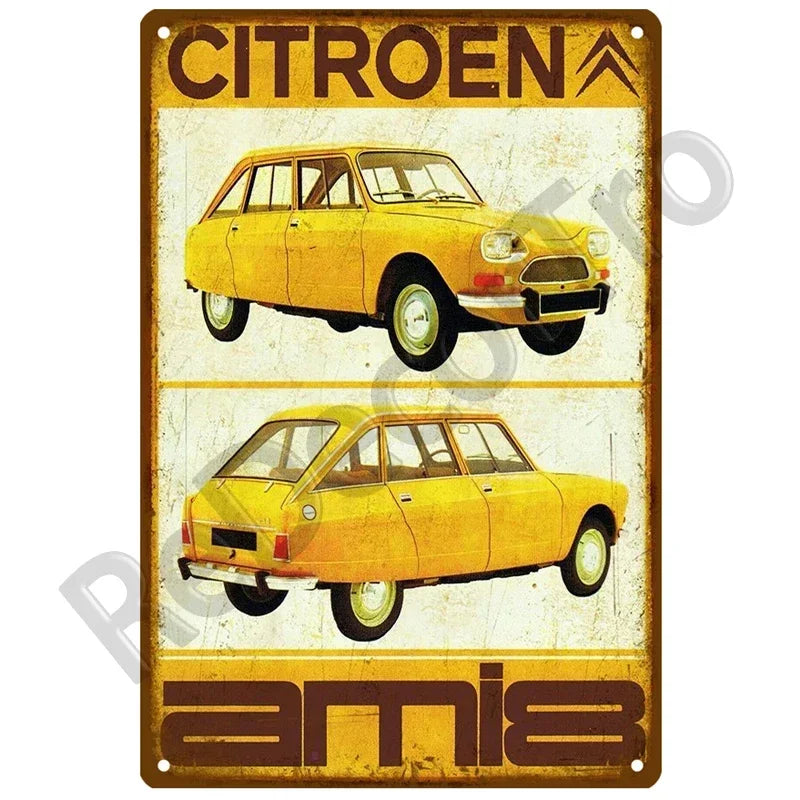 Plaques métal vintage, reproduction publicitaire décorative. 1930, véhicule 2CV Citroën France.