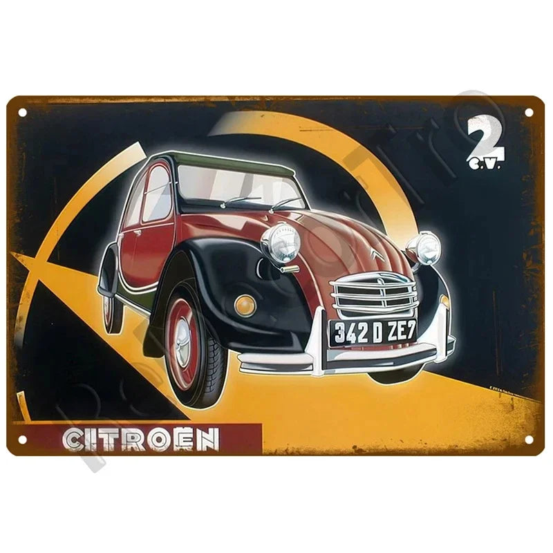 Plaques métal vintage, reproduction publicitaire décorative. 1930, véhicule 2CV Citroën France.