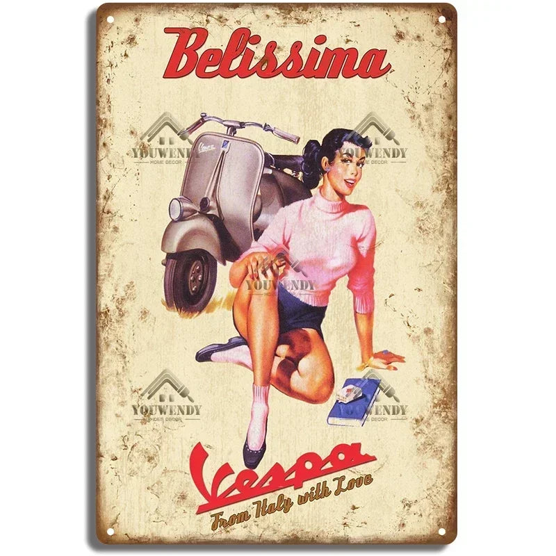 Plaques métal rétro-vintage sur le thème Vespa, déco reproduction d'importation publicitaire....