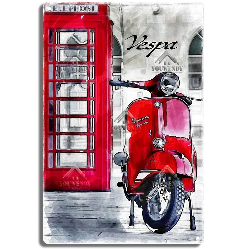 Plaques métal rétro-vintage sur le thème Vespa, déco reproduction d'importation publicitaire....