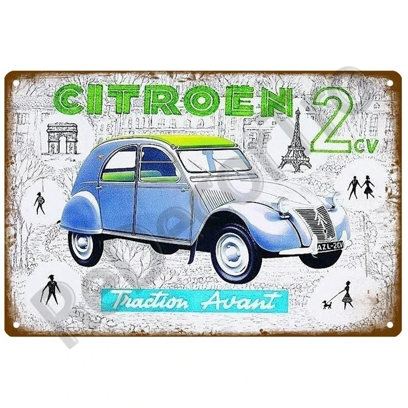 Plaques métal vintage, reproduction publicitaire décorative. 1930, véhicule 2CV Citroën France.