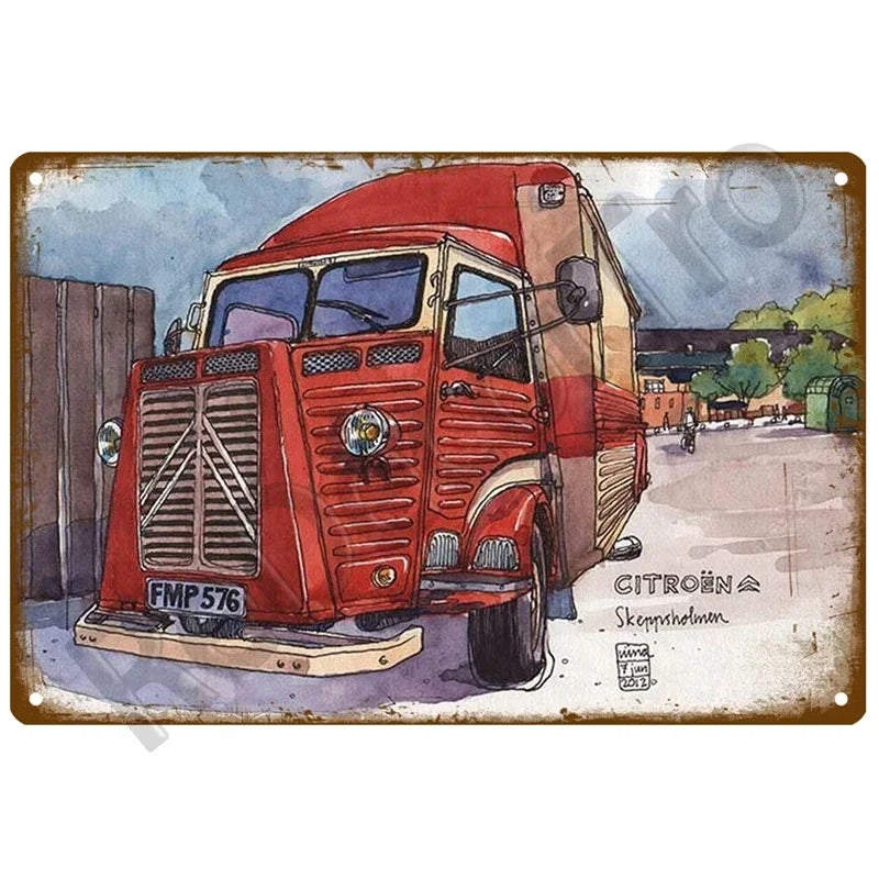 Plaques métal vintage, reproduction publicitaire décorative. 1930, véhicule 2CV Citroën France.