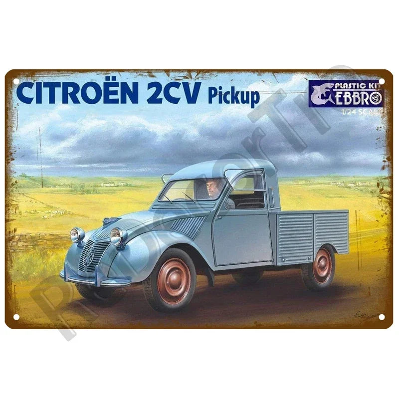 Plaques métal vintage, reproduction publicitaire décorative. 1930, véhicule 2CV Citroën France.